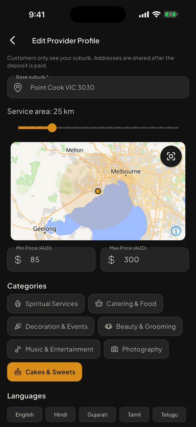 Providers pick a base suburb and travel radius on a map